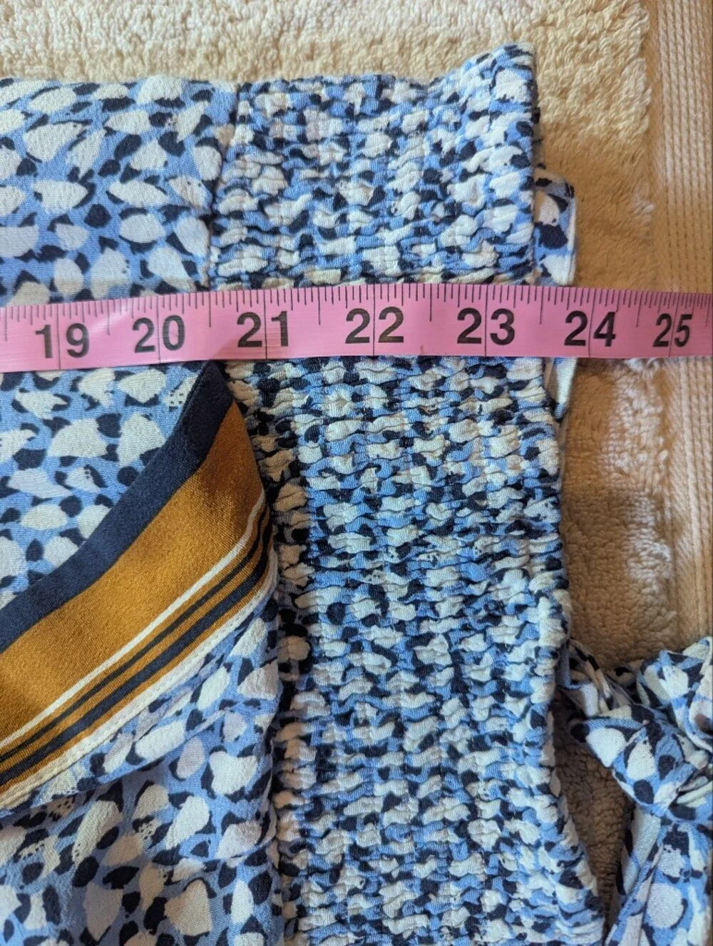 Anthropologie Blue White and Mustard Mixed-Print Puff-Sleeve Blouse